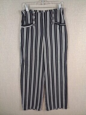 Revamped Wide Leg Pants Womens Medium Black White Striped High Waisted Lagenlook